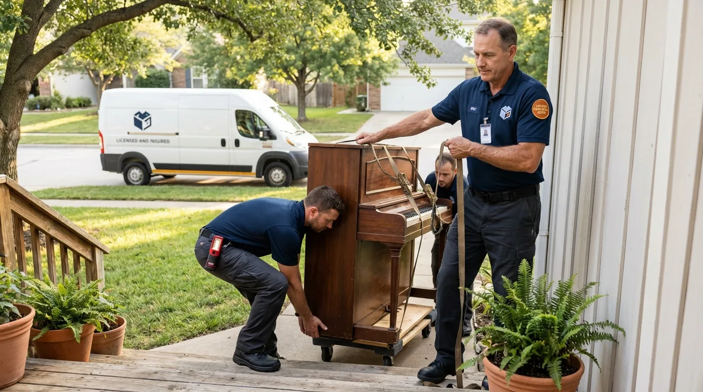 Licensed piano movers securing grand piano in Oil City, PA
