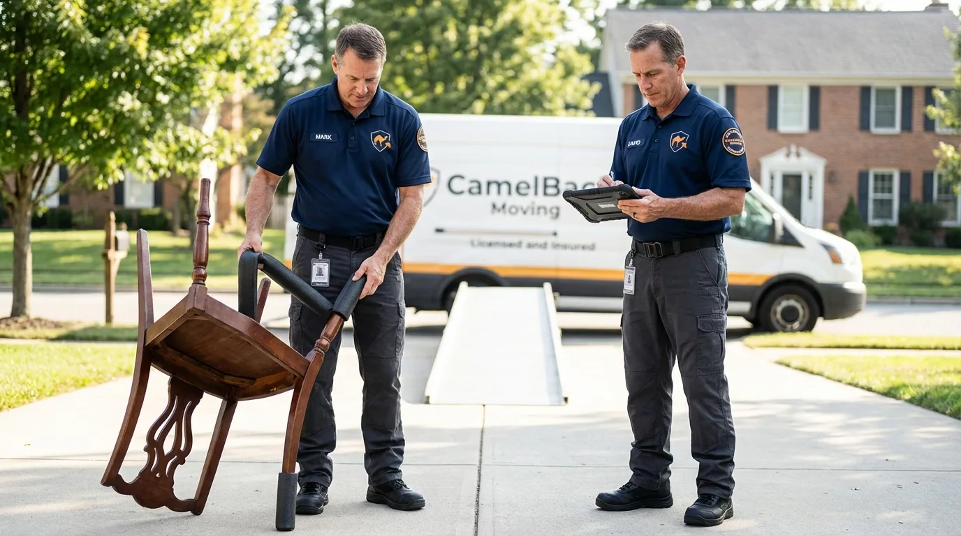 Movers inspecting furniture for damage prevention before loading in Oil City, PA