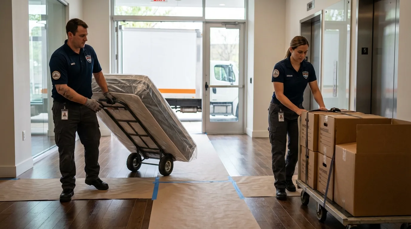 Professional apartment movers loading elevator in Oil City, PA