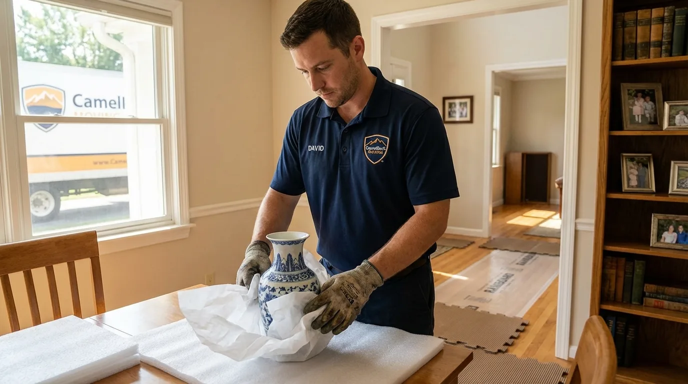 Professional crew carefully wrapping antique vase for senior downsizing move in Oil City, PA